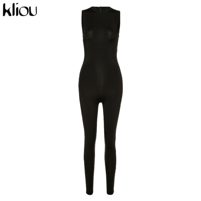 Kliou new jumpsuit women elastic hight casual fitness sporty rompers sleeveless zipper activewear skinny summer outfit