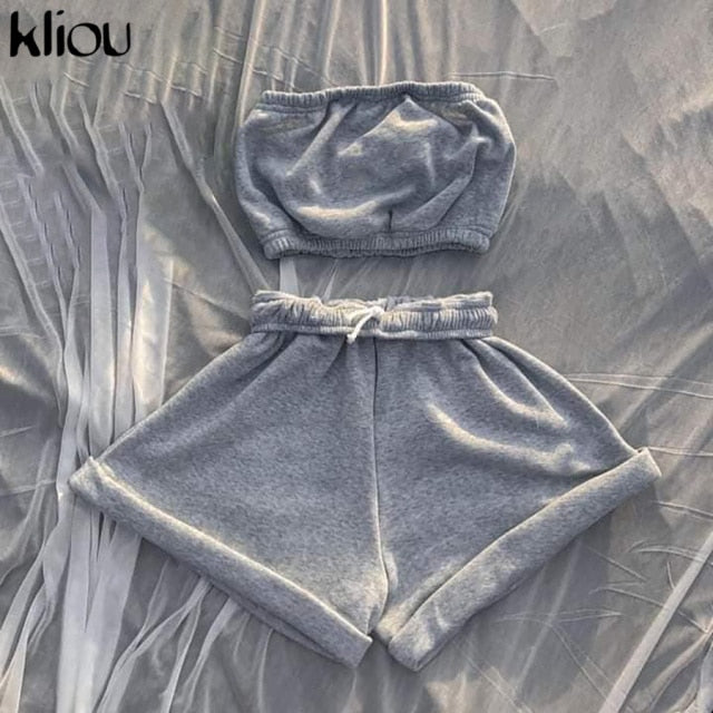 Kliou Casual Solid Sportswear Two Piece Sets Women 2021 Crop Top And Drawstring Shorts Matching Set Summer Athleisure Outfits
