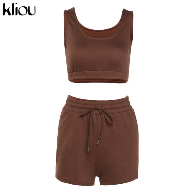 Kliou Casual Solid Sportswear Two Piece Sets Women 2021 Crop Top And Drawstring Shorts Matching Set Summer Athleisure Outfits