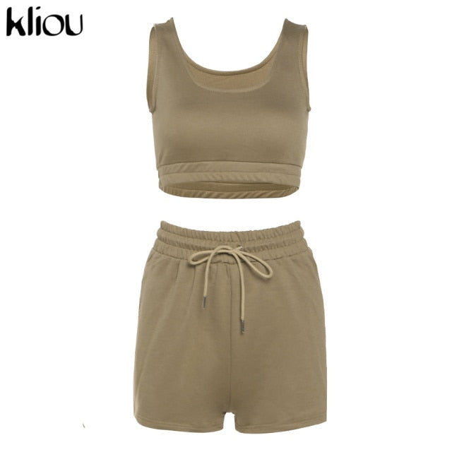 Kliou Casual Solid Sportswear Two Piece Sets Women 2021 Crop Top And Drawstring Shorts Matching Set Summer Athleisure Outfits