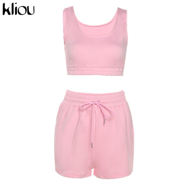 Kliou Casual Solid Sportswear Two Piece Sets Women 2021 Crop Top And Drawstring Shorts Matching Set Summer Athleisure Outfits