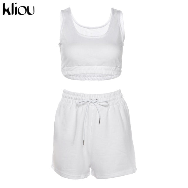 Kliou Casual Solid Sportswear Two Piece Sets Women 2021 Crop Top And Drawstring Shorts Matching Set Summer Athleisure Outfits
