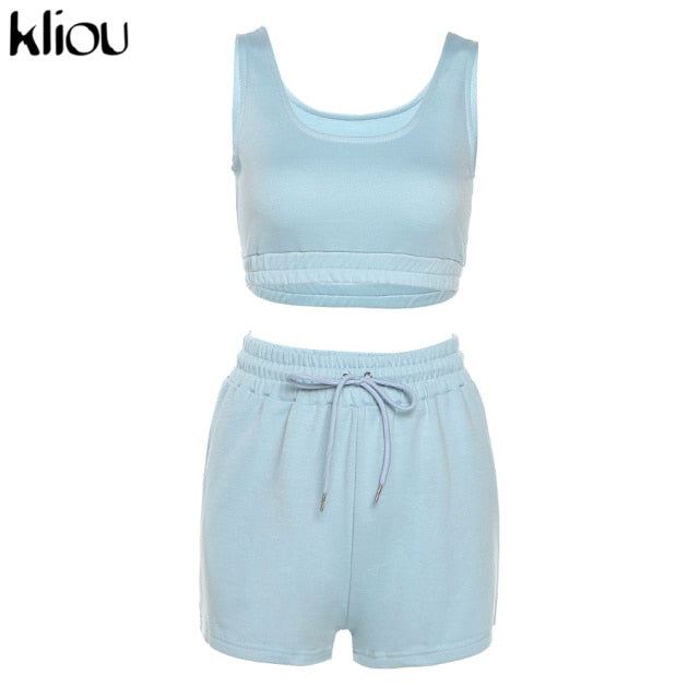 Kliou Casual Solid Sportswear Two Piece Sets Women 2021 Crop Top And Drawstring Shorts Matching Set Summer Athleisure Outfits