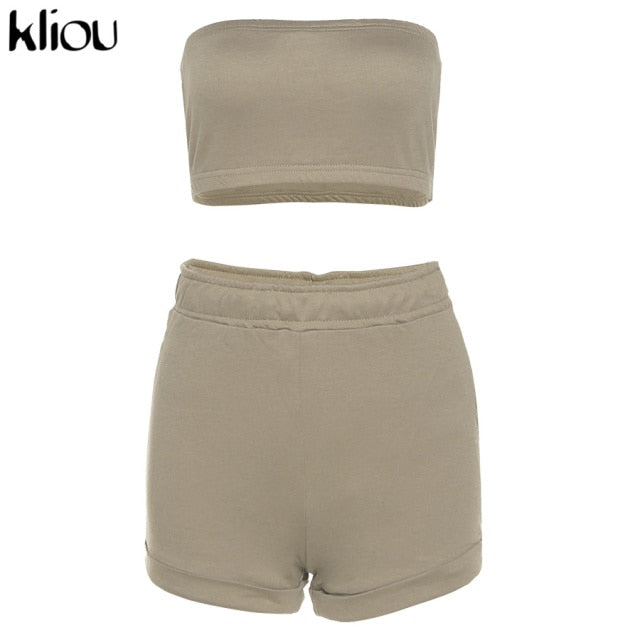 Kliou Casual Solid Sportswear Two Piece Sets Women 2021 Crop Top And Drawstring Shorts Matching Set Summer Athleisure Outfits