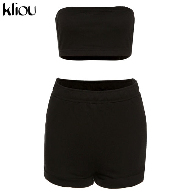Kliou Casual Solid Sportswear Two Piece Sets Women 2021 Crop Top And Drawstring Shorts Matching Set Summer Athleisure Outfits