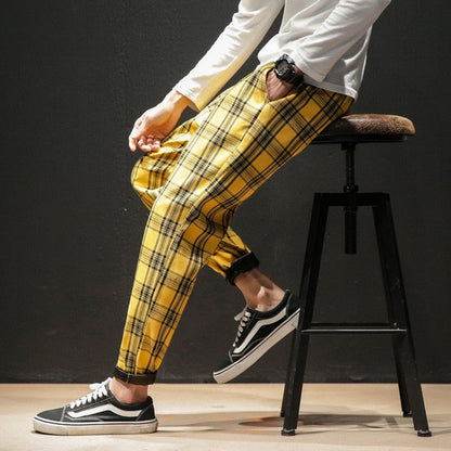 Dropshipping Japanese Streerwear Men Plaid Pants 2020 Autumn Fashion Slim Man Casual Trousers Korean Male Harem Pants