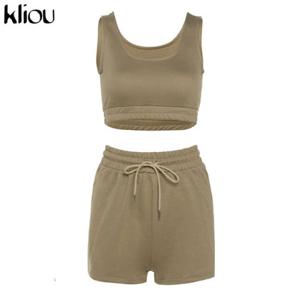 Kliou Casual Solid Sportswear Two Piece Sets Women 2021 Crop Top And Drawstring Shorts Matching Set Summer Athleisure Outfits
