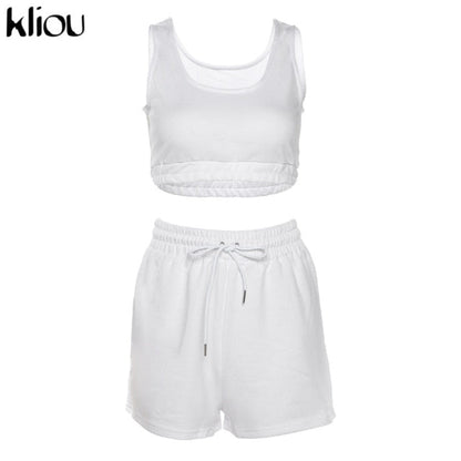 Kliou Casual Solid Sportswear Two Piece Sets Women 2021 Crop Top And Drawstring Shorts Matching Set Summer Athleisure Outfits