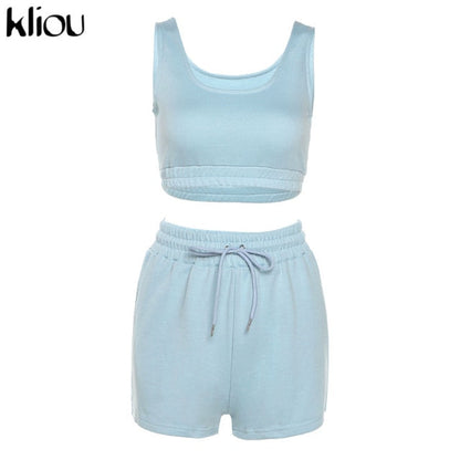 Kliou Casual Solid Sportswear Two Piece Sets Women 2021 Crop Top And Drawstring Shorts Matching Set Summer Athleisure Outfits