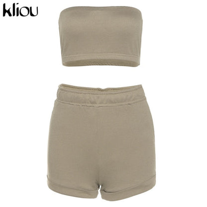 Kliou Casual Solid Sportswear Two Piece Sets Women 2021 Crop Top And Drawstring Shorts Matching Set Summer Athleisure Outfits
