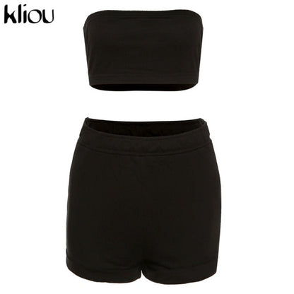 Kliou Casual Solid Sportswear Two Piece Sets Women 2021 Crop Top And Drawstring Shorts Matching Set Summer Athleisure Outfits